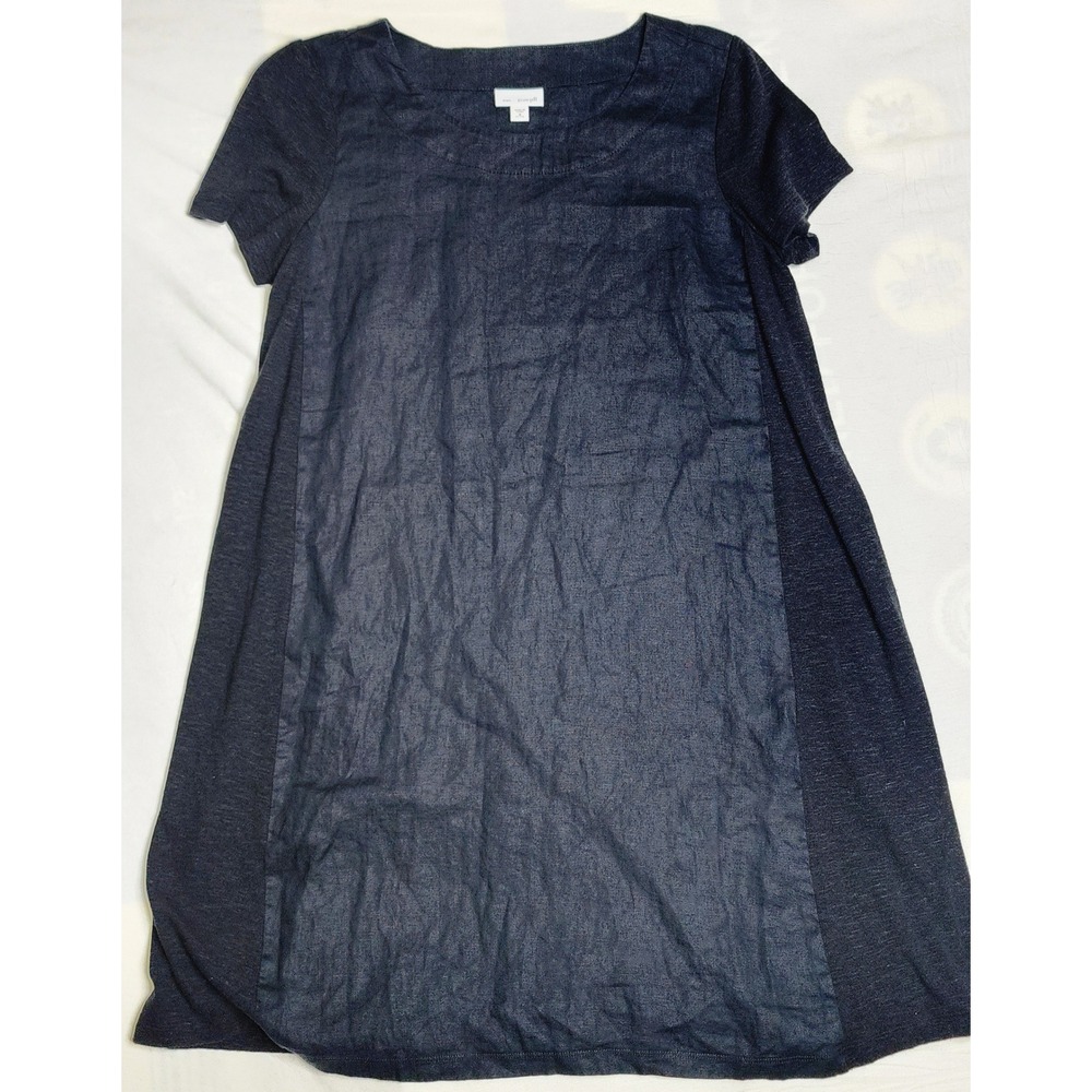 Pure Jill Petite M Black/Blue‎ Linen Blend Dress Short Sleeve Summer Tropical